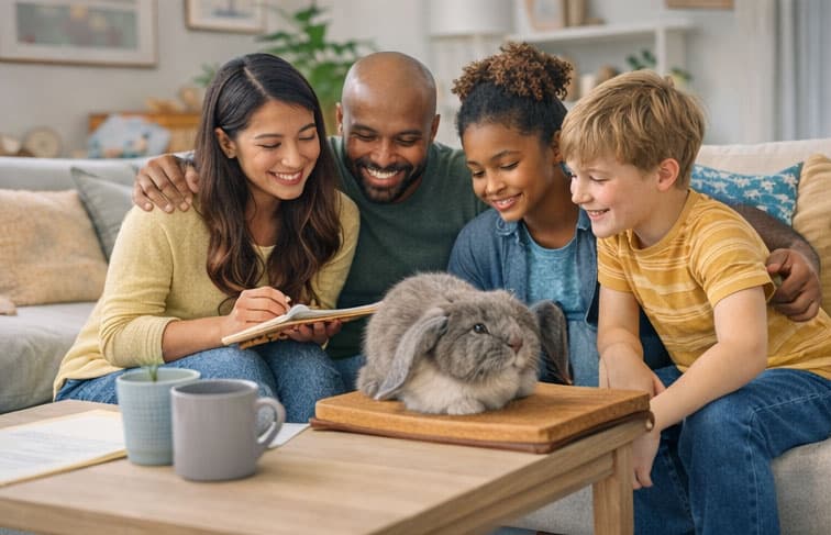 Family with pet at home